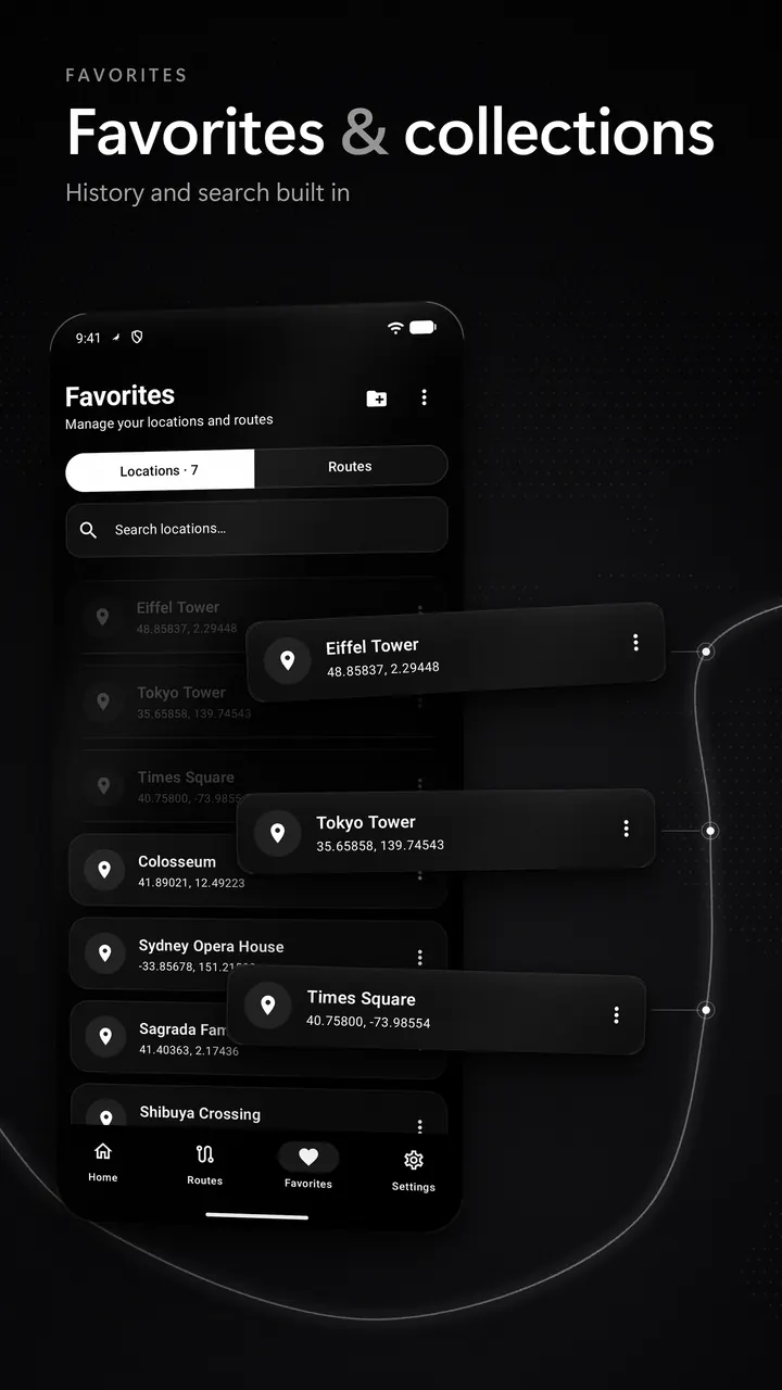 Favorites grouped into collections, with history and search