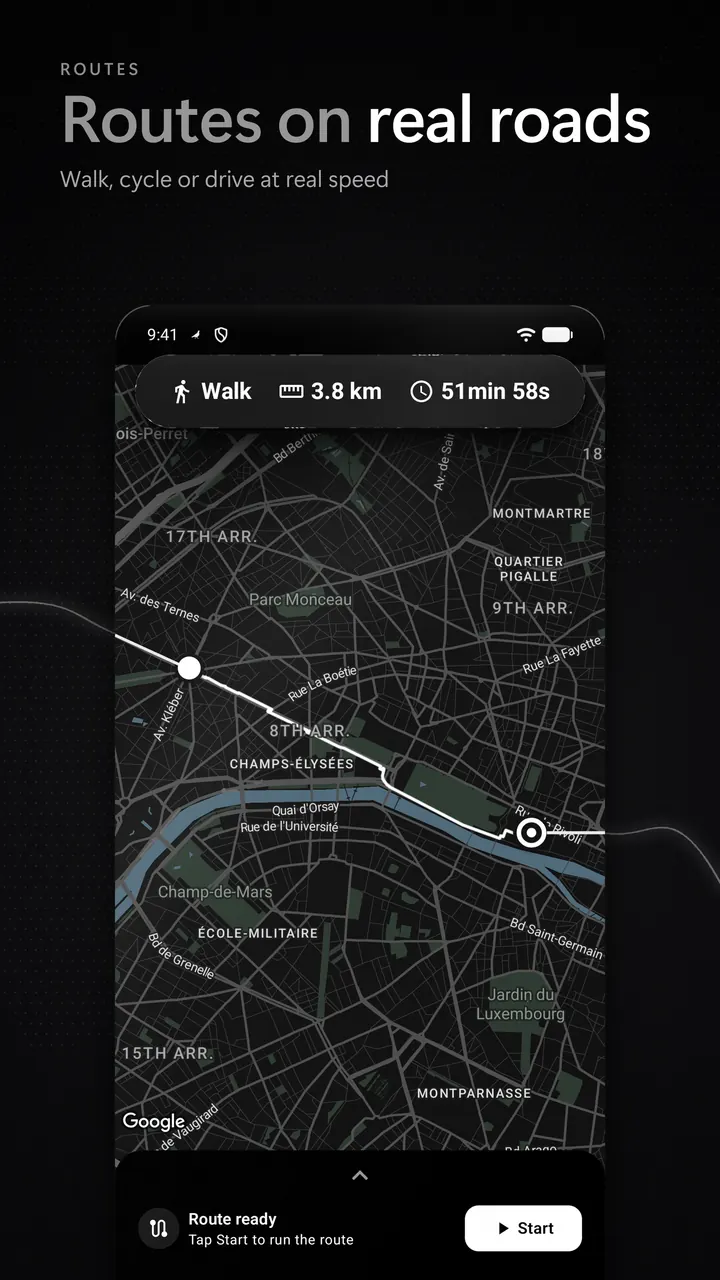A route on real roads with stops, travel mode and speed settings